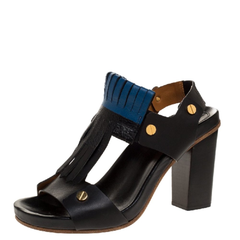 Chloe Black/Blue Leather Fringe Block Heel Sandals